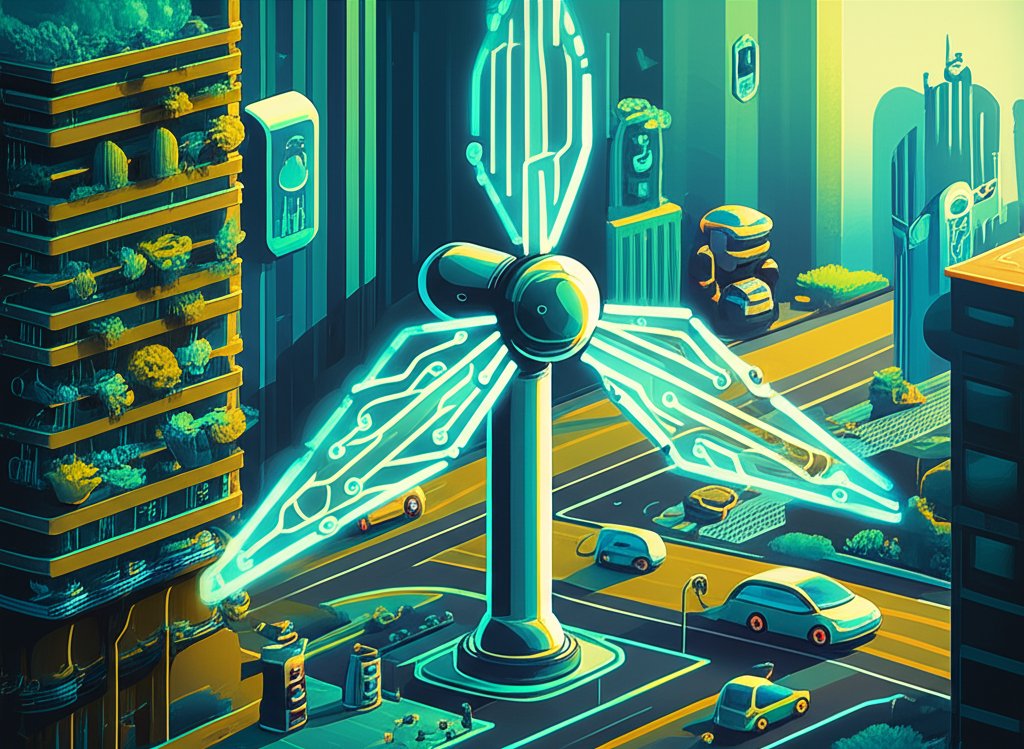 AI-powered urban wind turbine: Sustainable energy, smart technology, green city innovation.