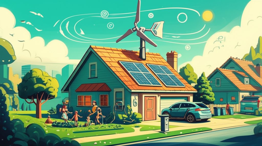Residential wind energy: turbine powering home, sustainable green living.