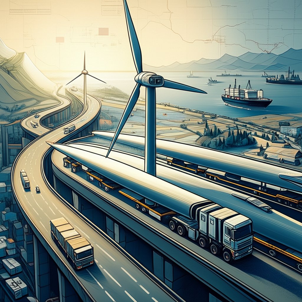 Liam F1 wind turbine blade transport: Oversized load, logistics challenge, renewable energy.