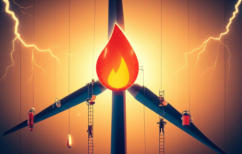 Wind turbine fire risks visualized: causes, prevention, impact. Renewable energy safety.