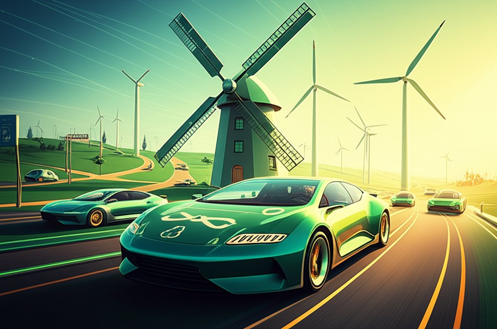 Wind-powered car concept: Sustainable transportation, renewable energy vehicle, future of driving.