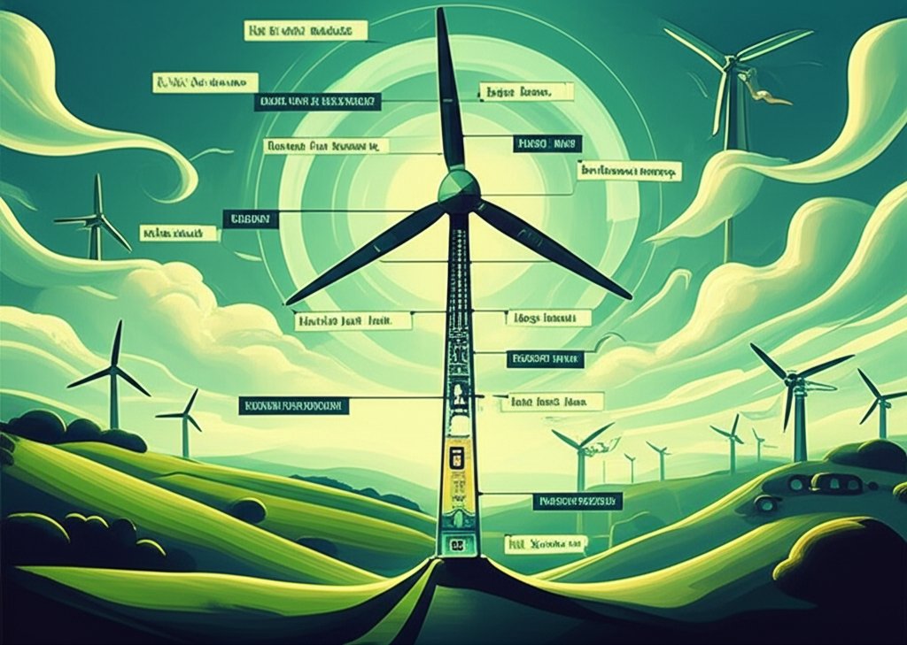 Wind turbine diagram: Parts explained. Renewable energy infographic. Sustainable power generation.