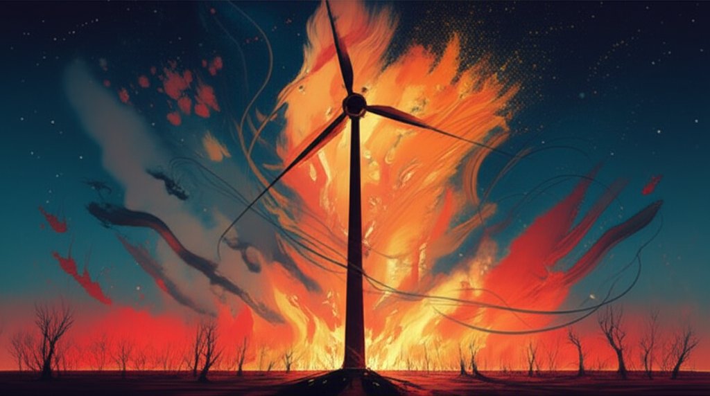 Wind turbine ablaze, fire damage, renewable energy safety concern.