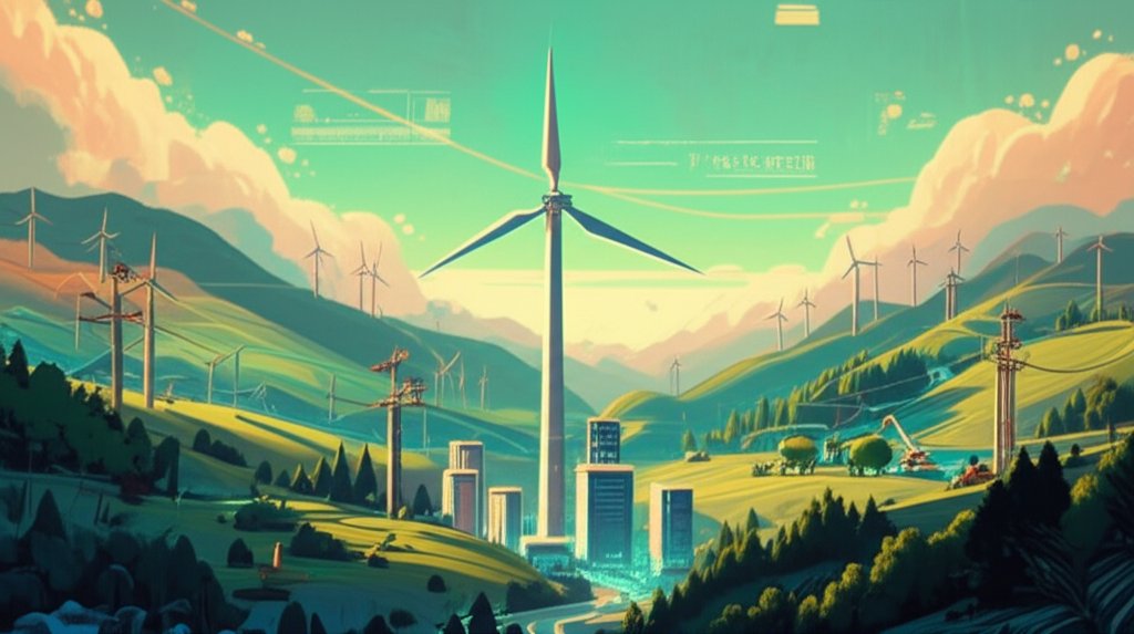 Wind turbine installation: Crane lifting a blade, renewable energy construction.