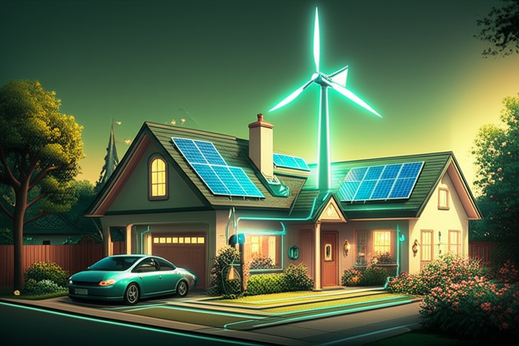 Wind turbine powering a home: sustainable energy, renewable power, eco-friendly living.