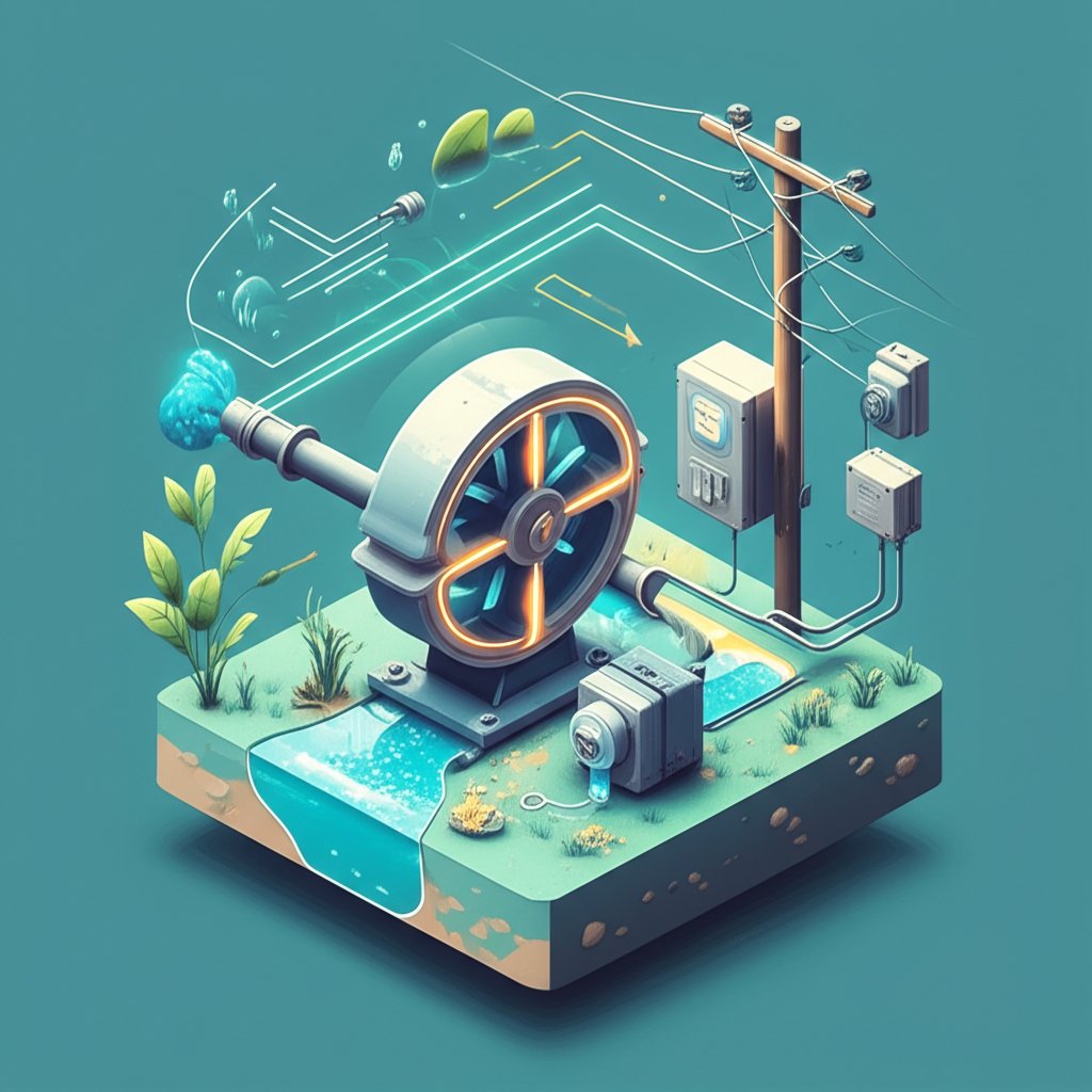 Anatomy diagram of grid-tied micro hydro kit components for renewable energy.