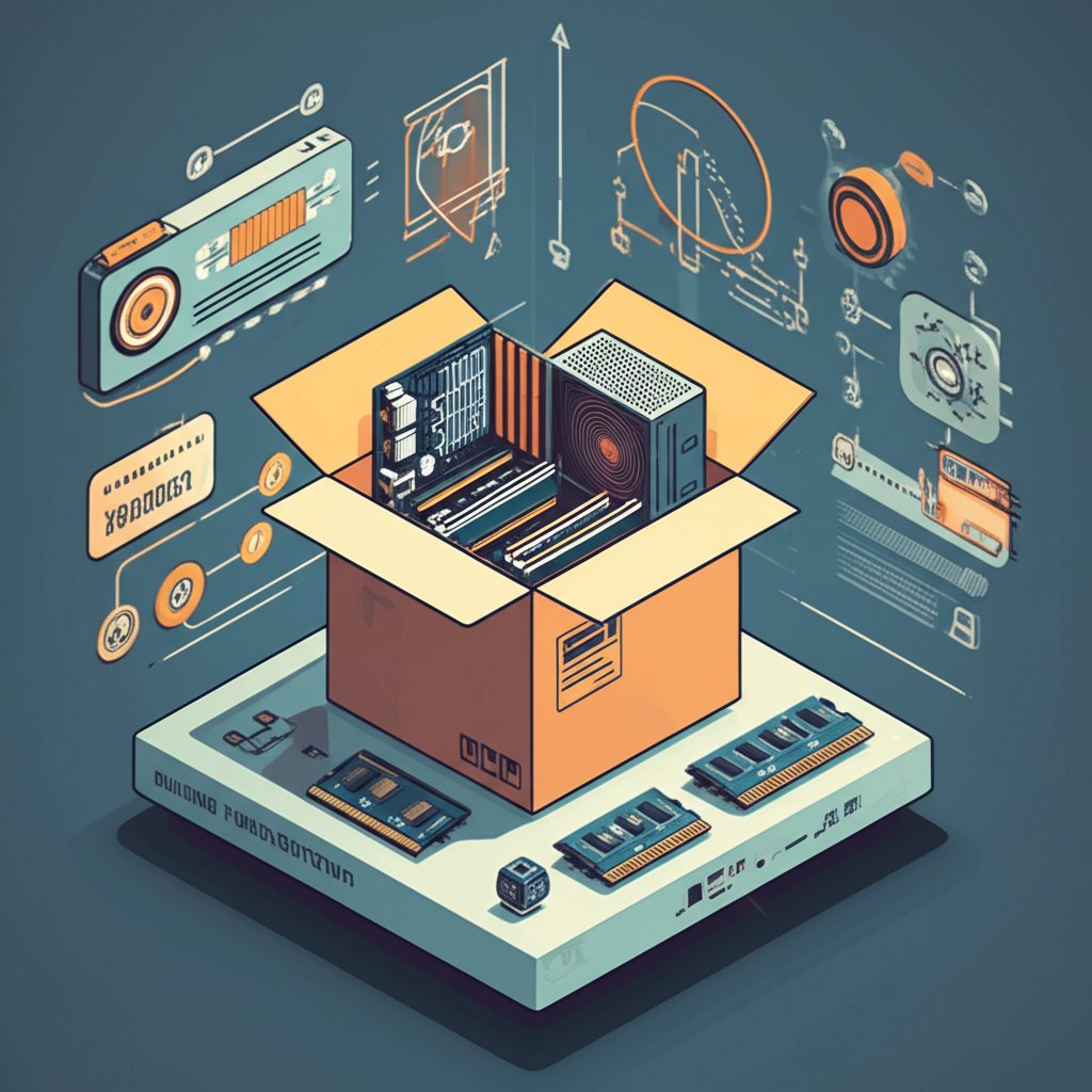 Essential PC hardware components unboxed for system assembly.