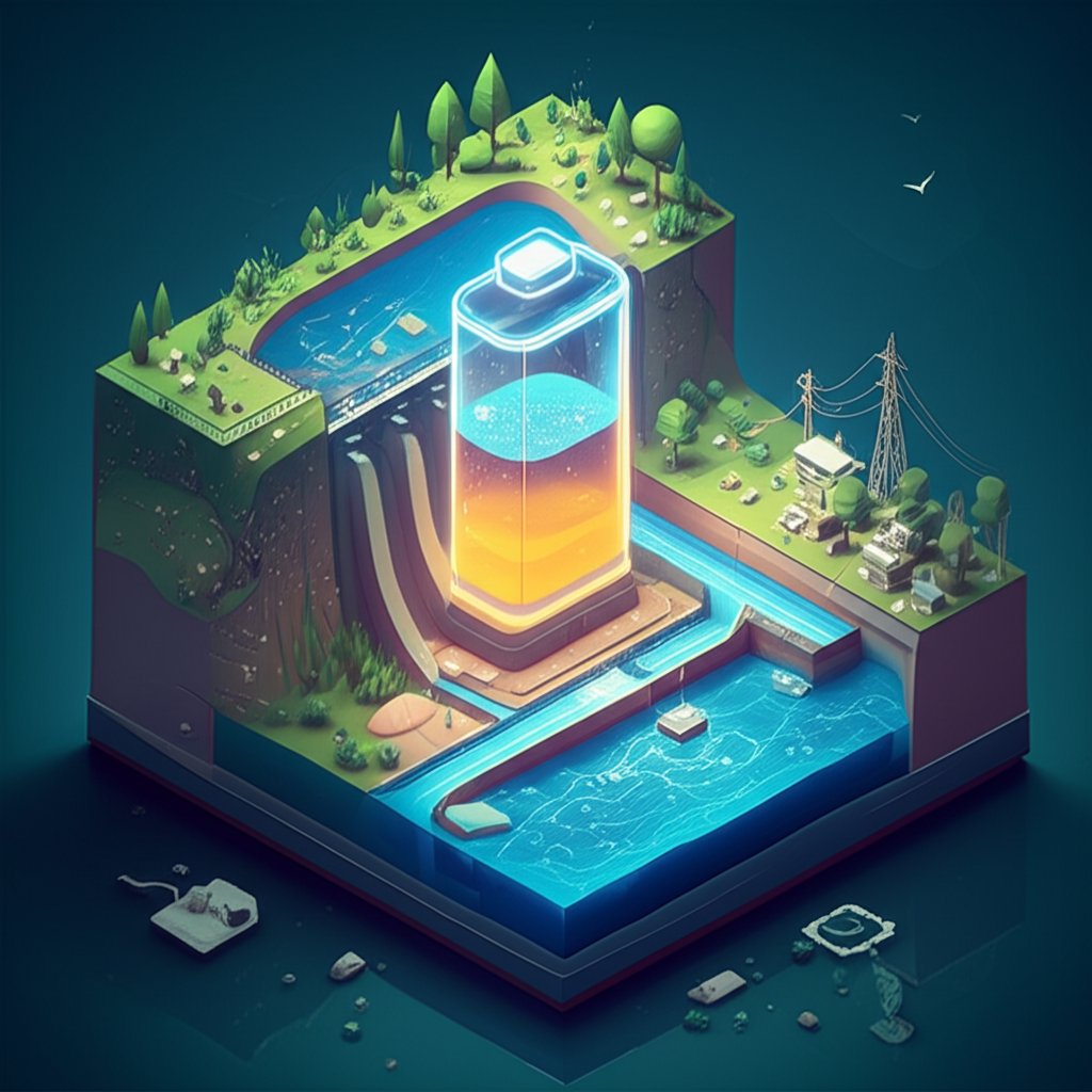 Hydropower plant acting as a giant rechargeable water battery, storing energy.