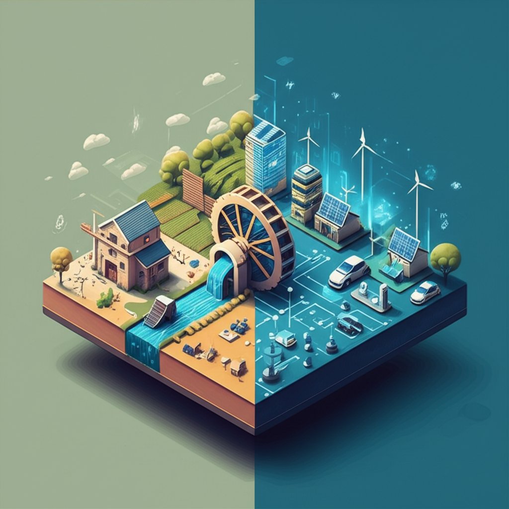 Historical evolution of energy from gristmills to the electrical grid.