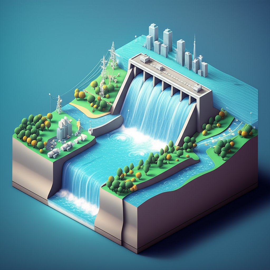 Hydroelectric dam reliably producing renewable electricity, day and night.