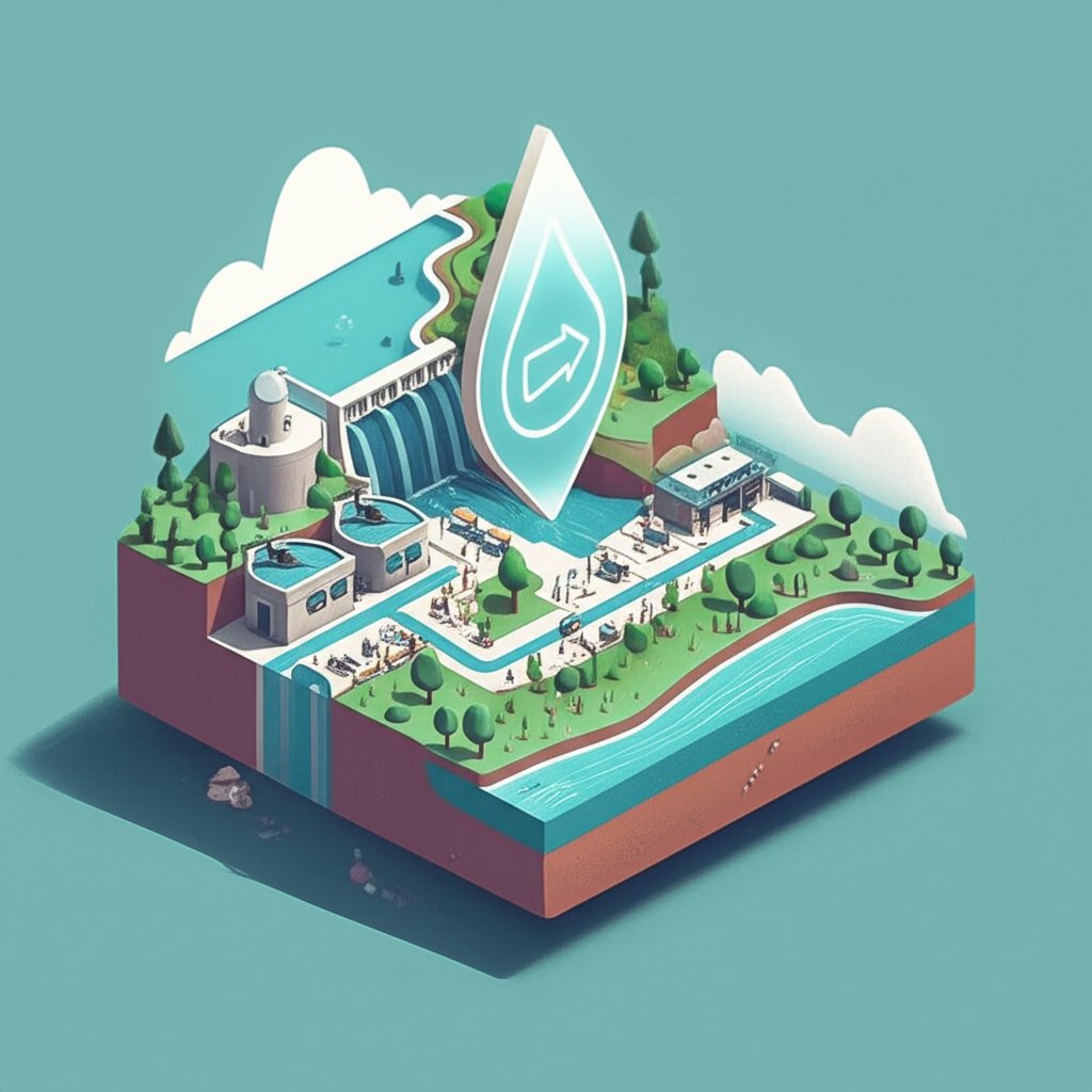 Water's journey: from reservoir, through infrastructure and landscapes, to a winding river.