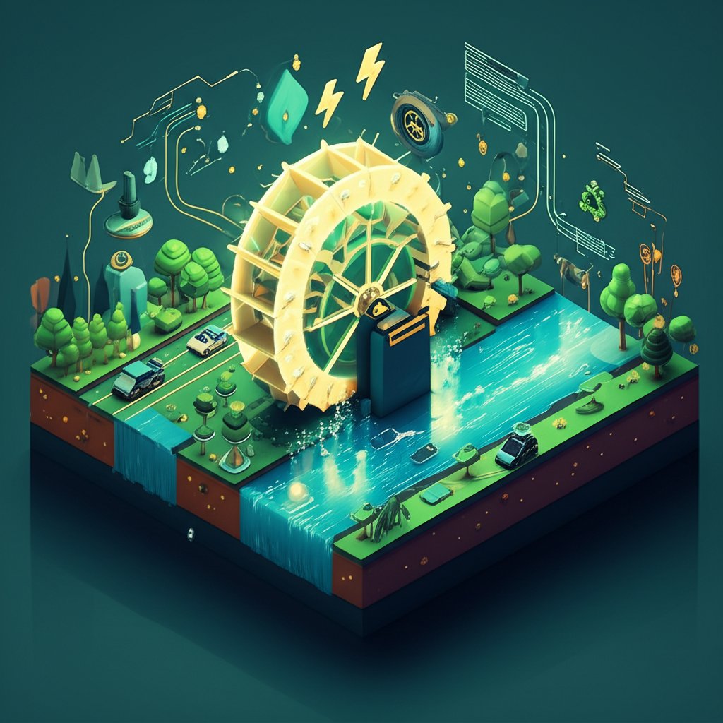 Water mill electricity generator producing clean, renewable hydropower.